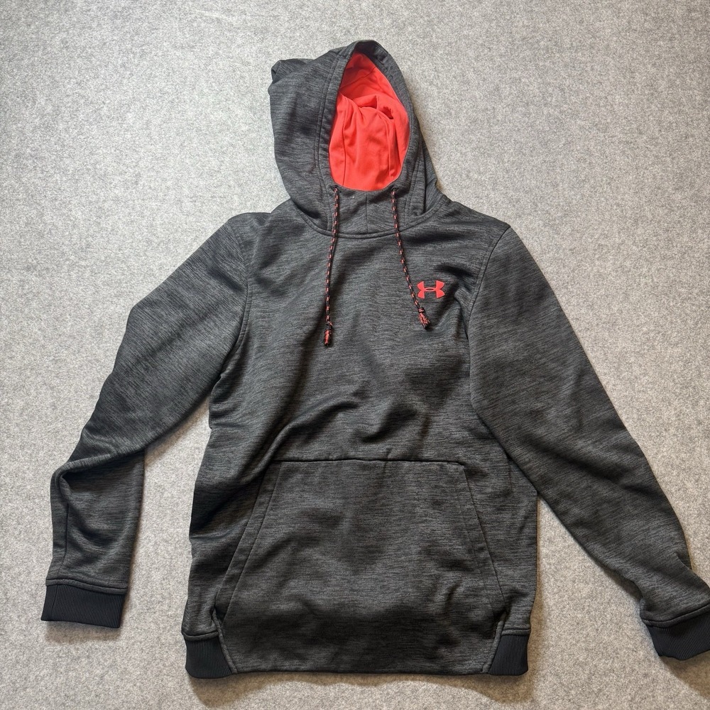 Under Armour ColdGear Hoodie Mens Small Loose Gray Red Pullover Fleece Athletic